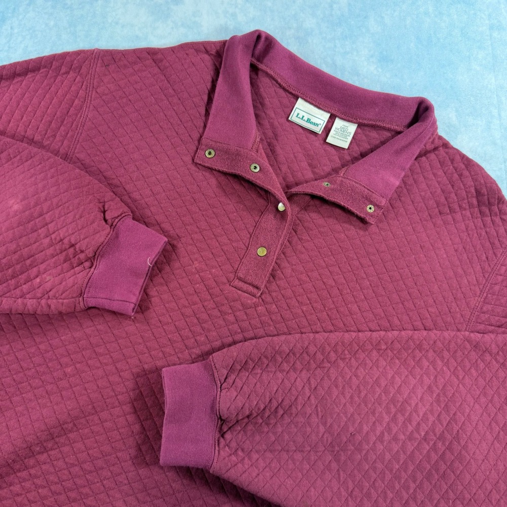 LL Bean Quilted Pullover Womens Medium Burgundy Good Snap Neck Sweatshirt